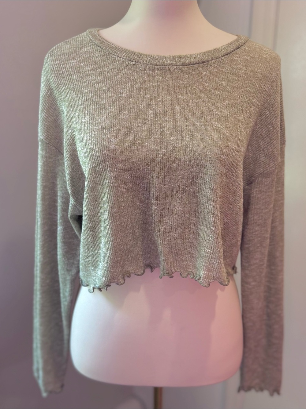 Aphrodite green Knit Cropped Sweater Lettuce Hem One Size